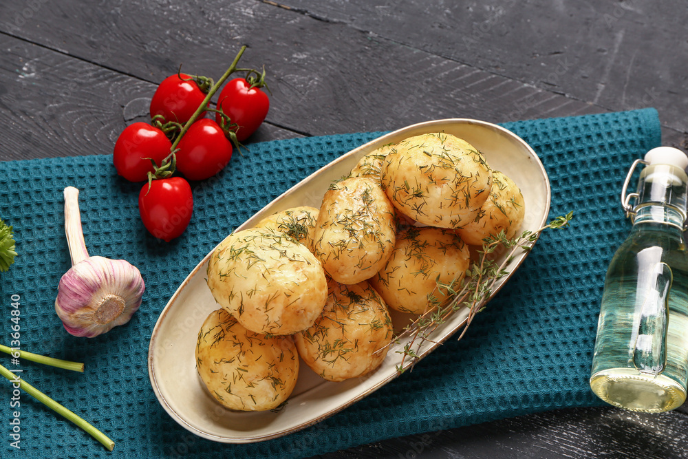 Plate of boiled baby potatoes with dill and tomatoes on black wooden background