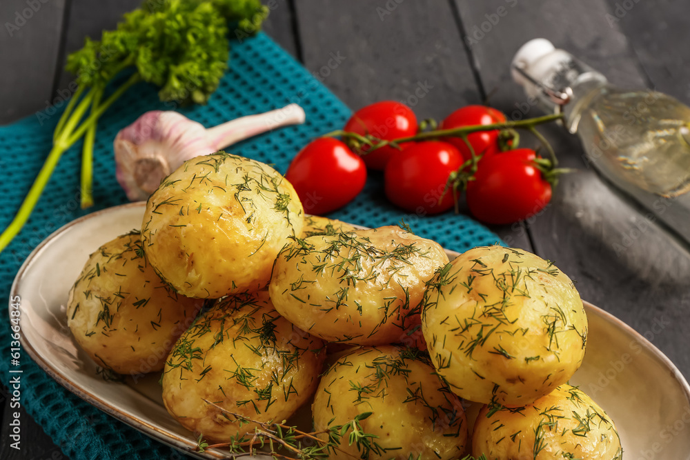 Plate of boiled baby potatoes with dill and tomatoes on black wooden background