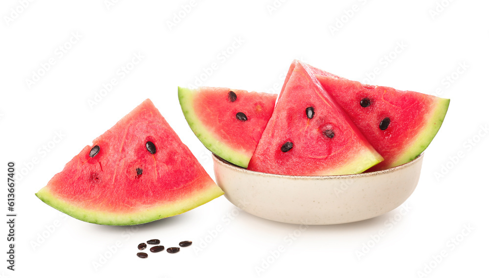 Bowl with pieces of fresh watermelon and seeds on white background