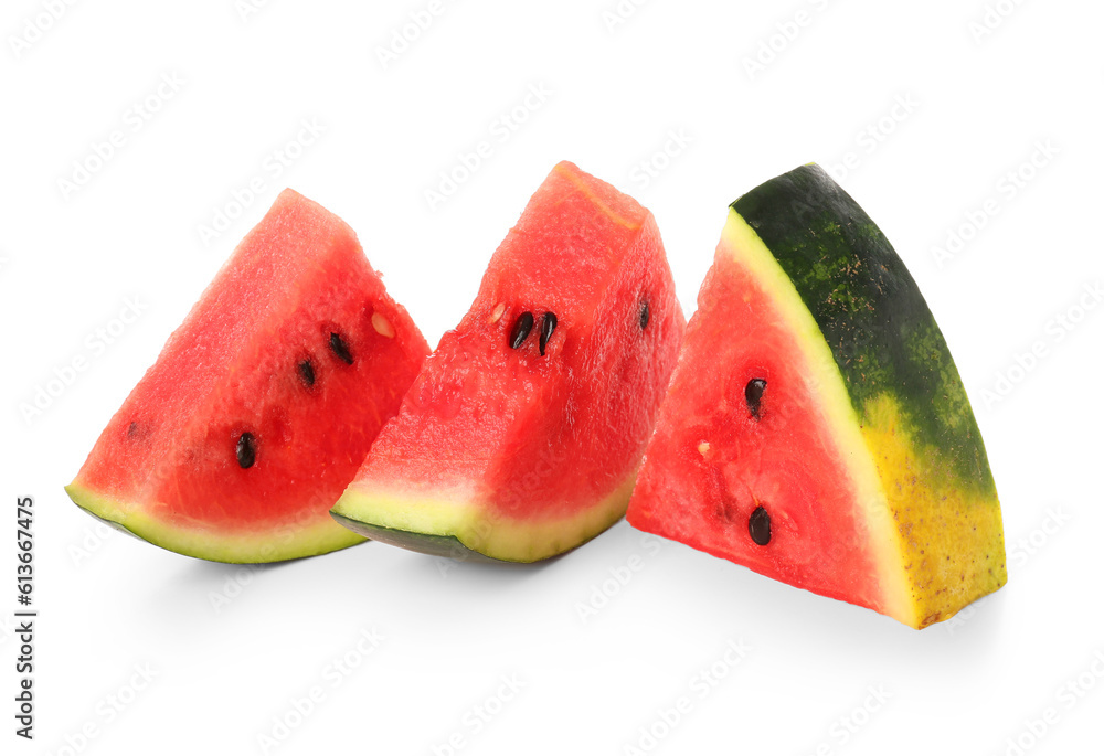 Pieces of fresh watermelon on white background