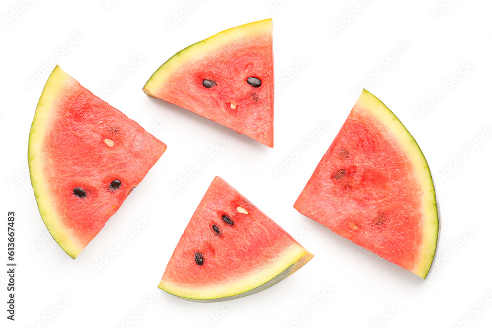 Pieces of fresh watermelon on white background