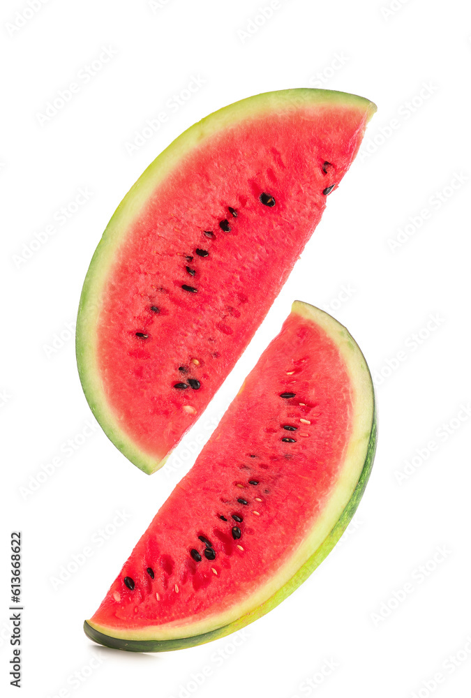 Pieces of fresh watermelon on white background