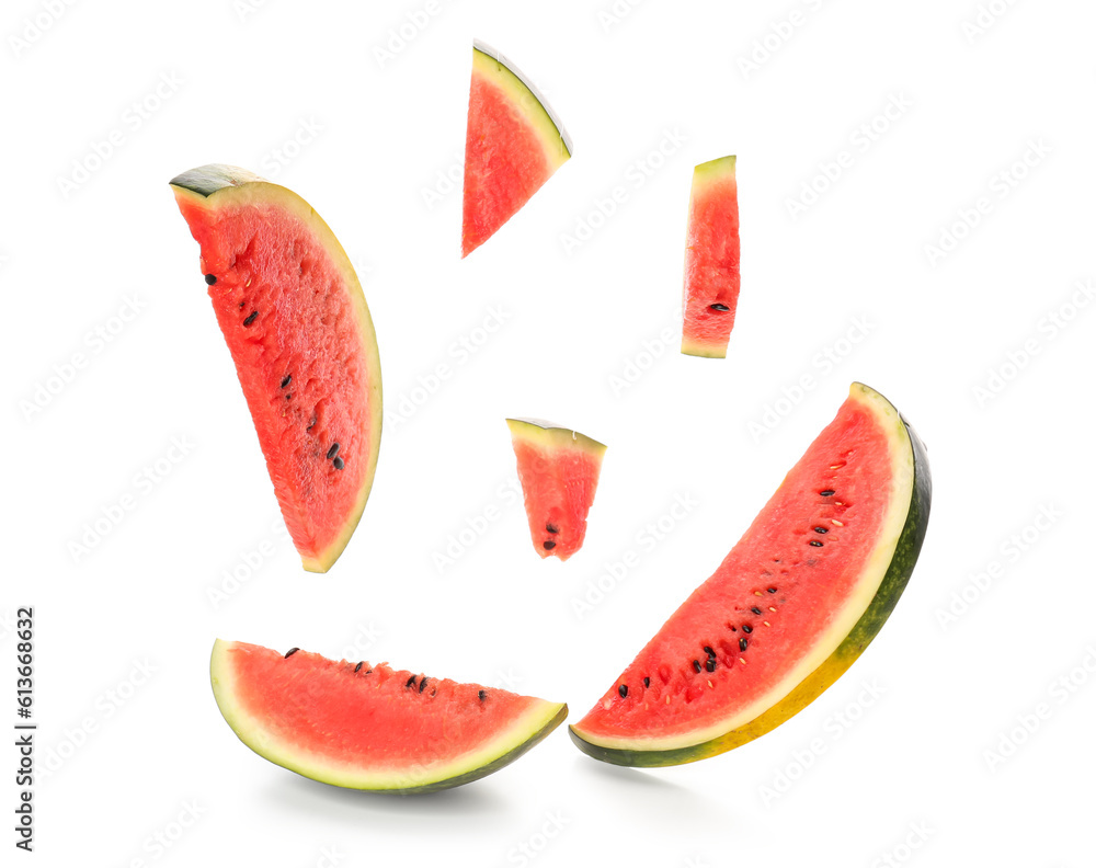 Pieces of fresh watermelon on white background