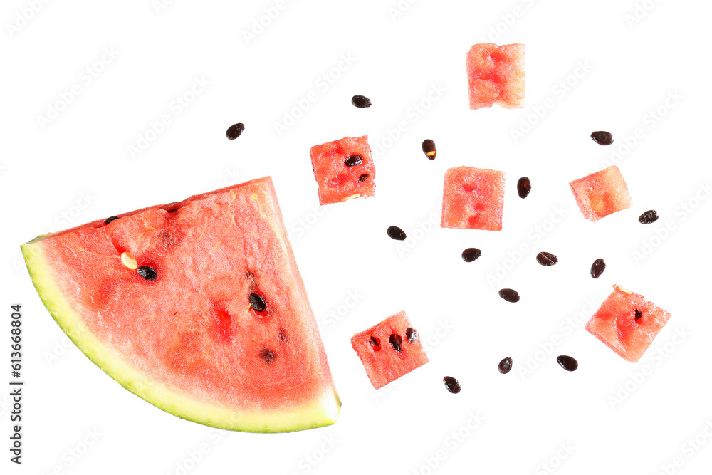 Pieces of fresh watermelon on white background