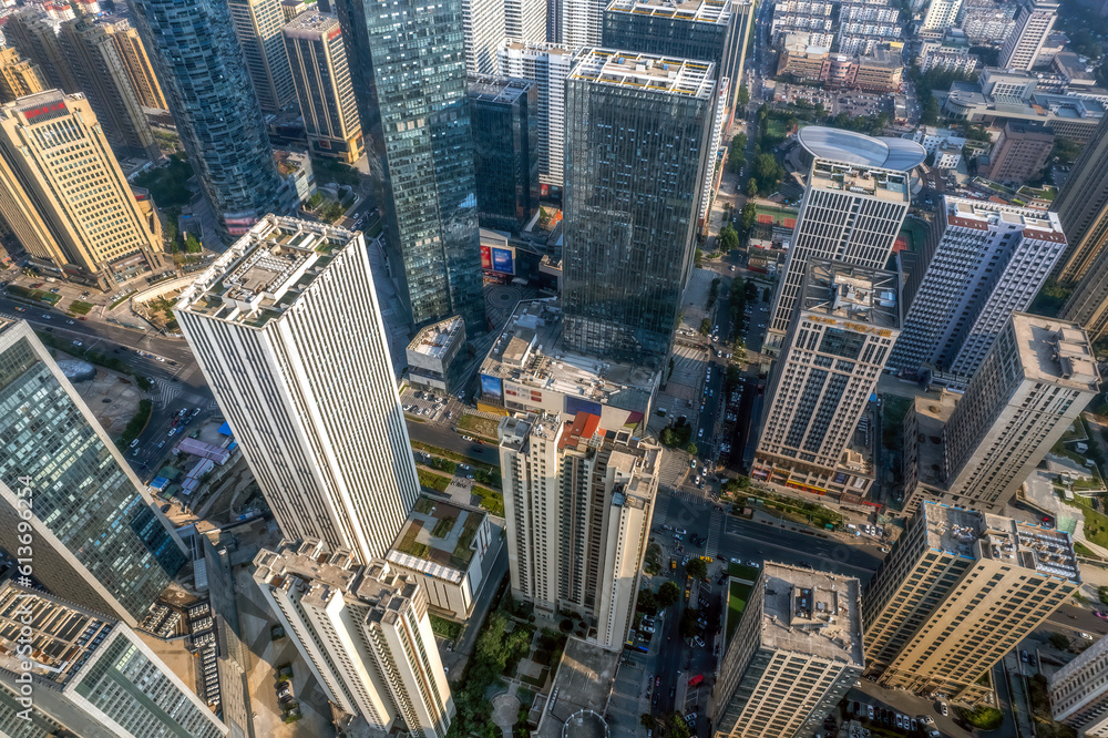 Aerial photography of the architectural landscape skyline in the CBD of Qingdao city center