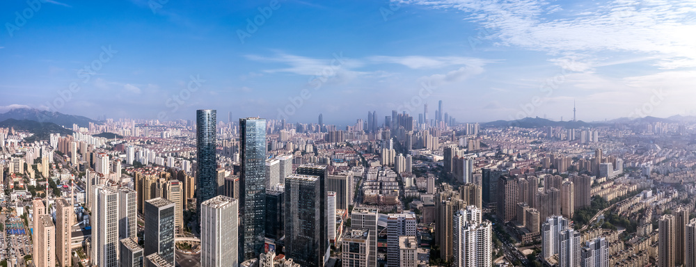 Aerial photography of the architectural landscape skyline in the CBD of Qingdao city center