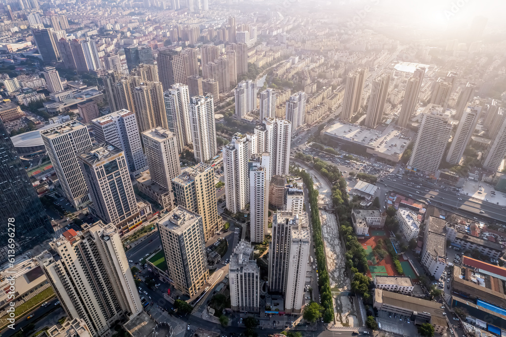 Aerial photography of the architectural landscape skyline in the CBD of Qingdao city center