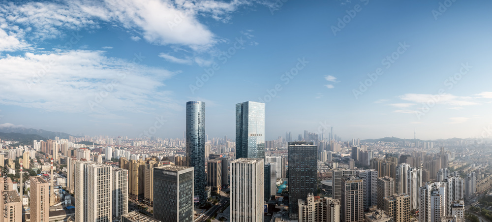 Aerial photography of the architectural landscape skyline in the CBD of Qingdao city center