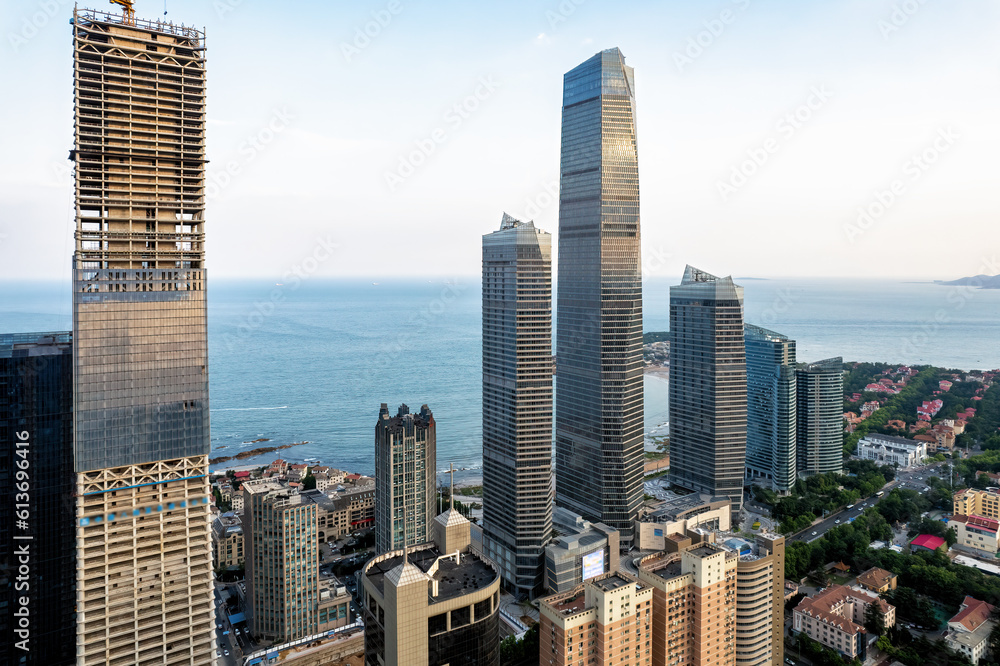 Aerial photography of modern architecture along the urban coastline of Qingdao