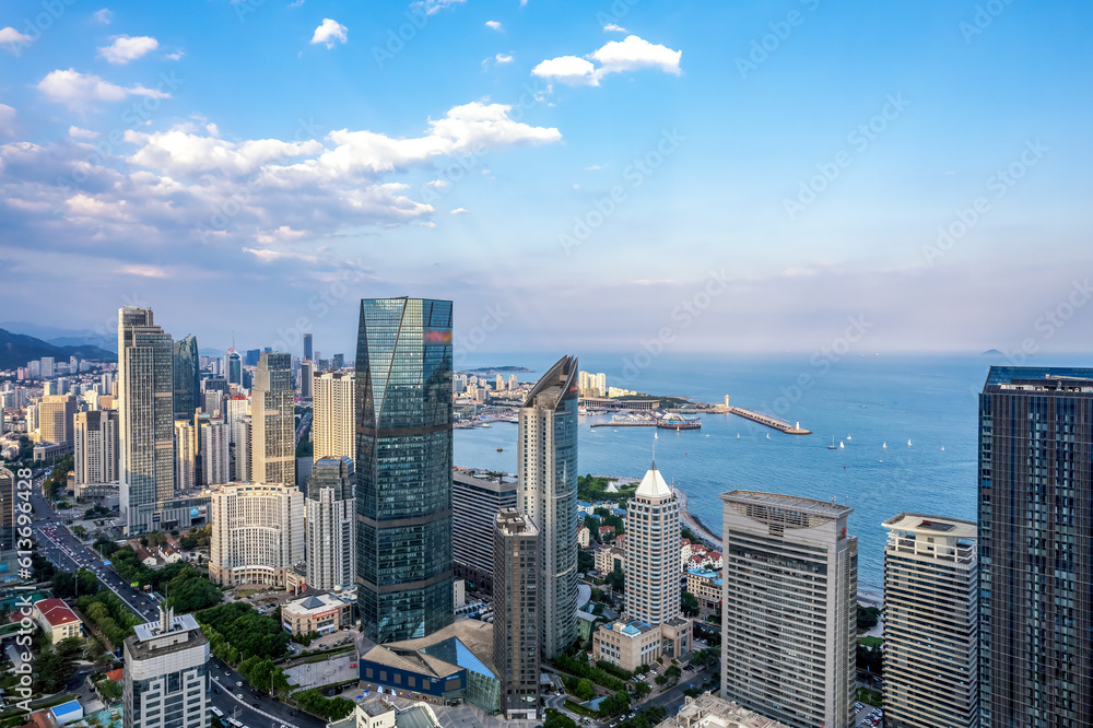 Aerial photography of modern architecture along the urban coastline of Qingdao