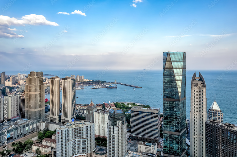 Aerial photography of modern architecture along the urban coastline of Qingdao