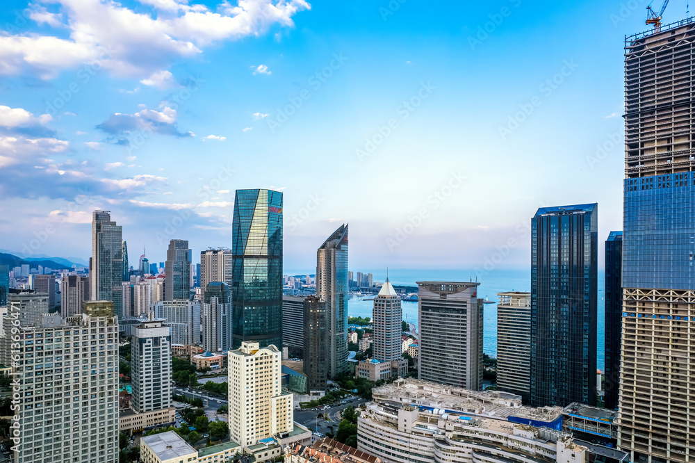 Aerial photography of modern architecture along the urban coastline of Qingdao