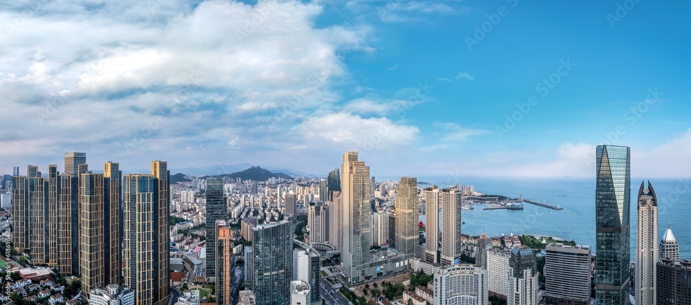 Aerial photography of modern architecture along the urban coastline of Qingdao