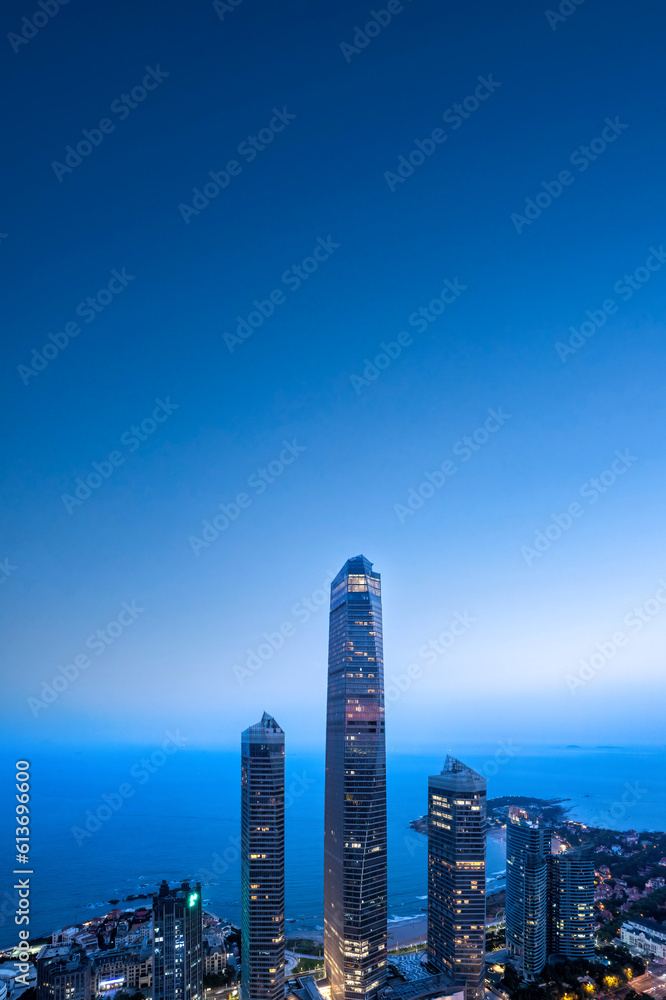 Qingdao Urban Coastline CBD Night Scenery Aviation