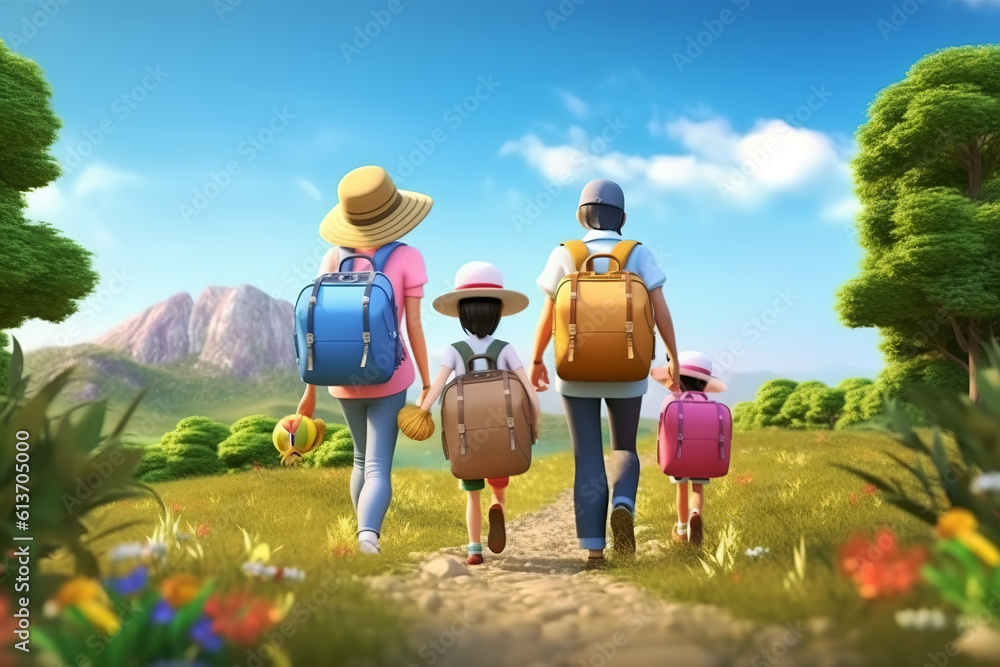 AI in outdoor forest 3D family vacation adventure scene