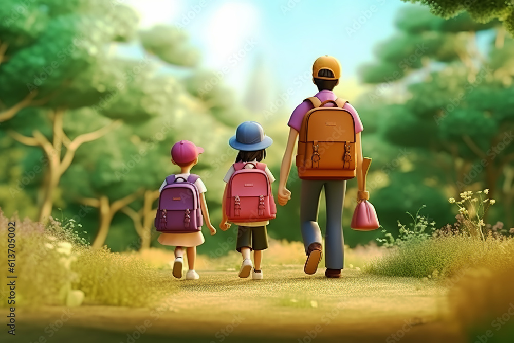 AI in outdoor forest 3D family vacation adventure scene