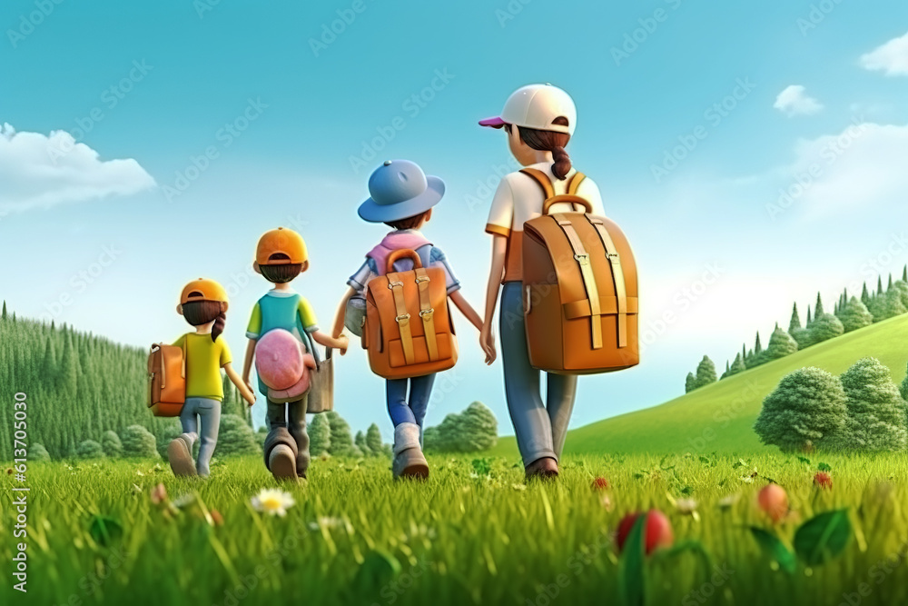 AI in outdoor forest 3D family vacation adventure scene