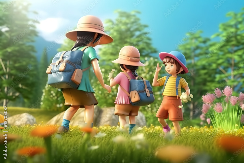 AI in outdoor forest 3D family vacation adventure scene