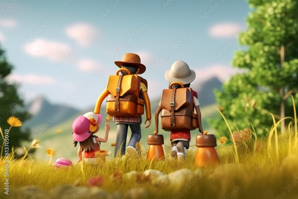 AI in outdoor forest 3D family vacation adventure scene