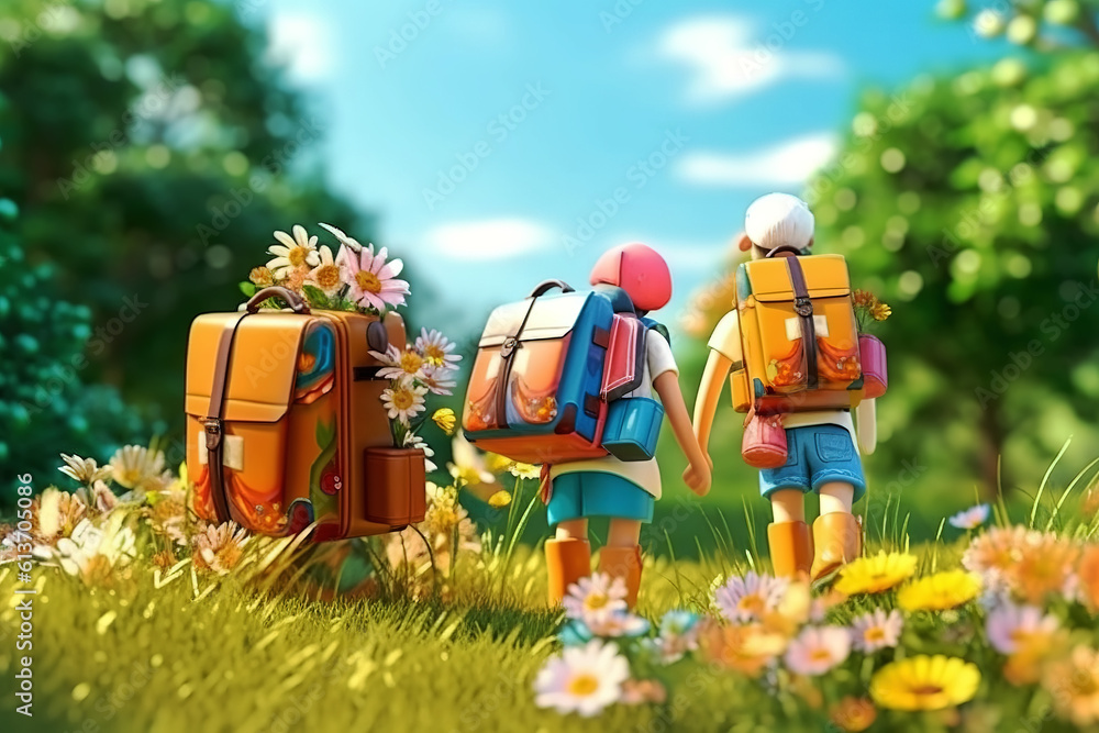 AI in outdoor forest 3D family vacation adventure scene