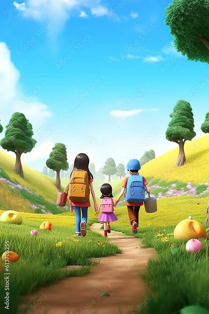 AI in outdoor forest 3D family vacation adventure scene