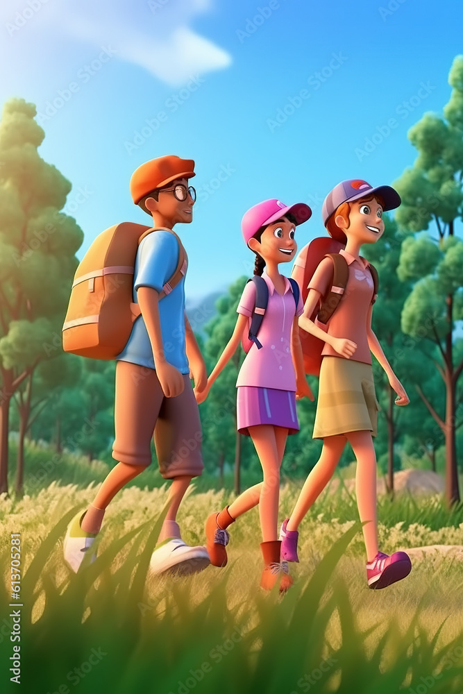 AI in outdoor forest 3D family vacation adventure scene