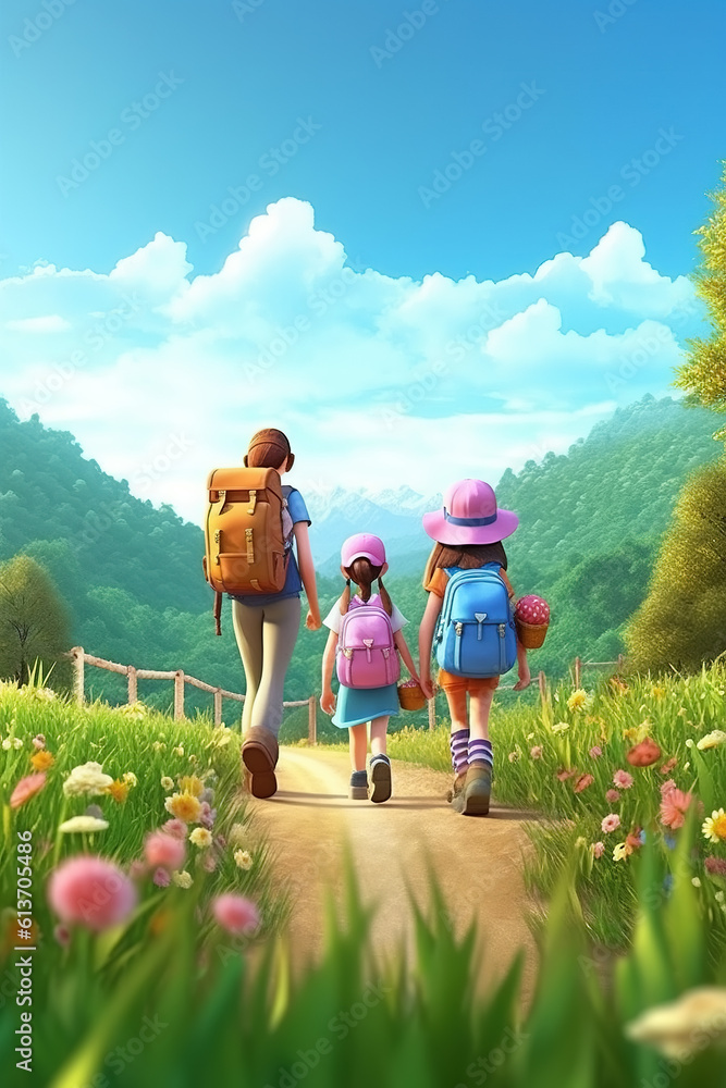 AI in outdoor forest 3D family vacation adventure scene