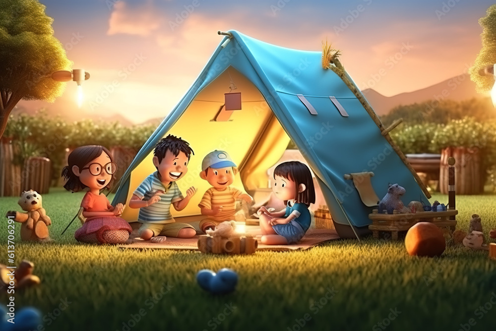 AI in the outdoor forest 3D family camping holiday scene