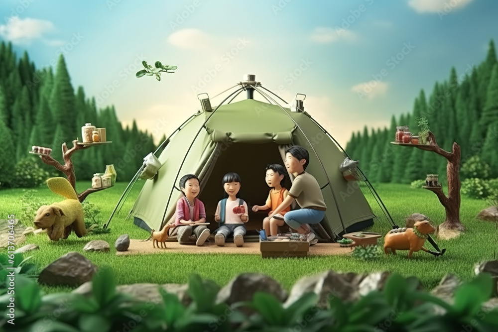 AI in the outdoor forest 3D family camping holiday scene