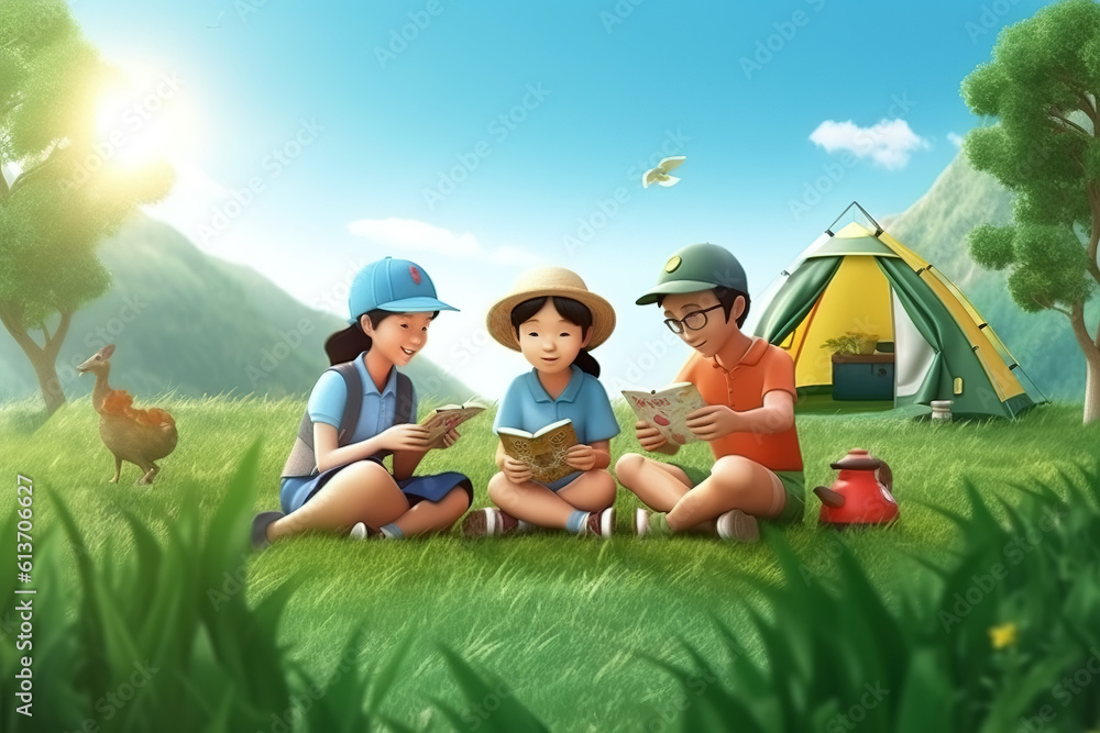 AI in the outdoor forest 3D family camping holiday scene