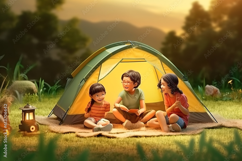 AI in the outdoor forest 3D family camping holiday scene