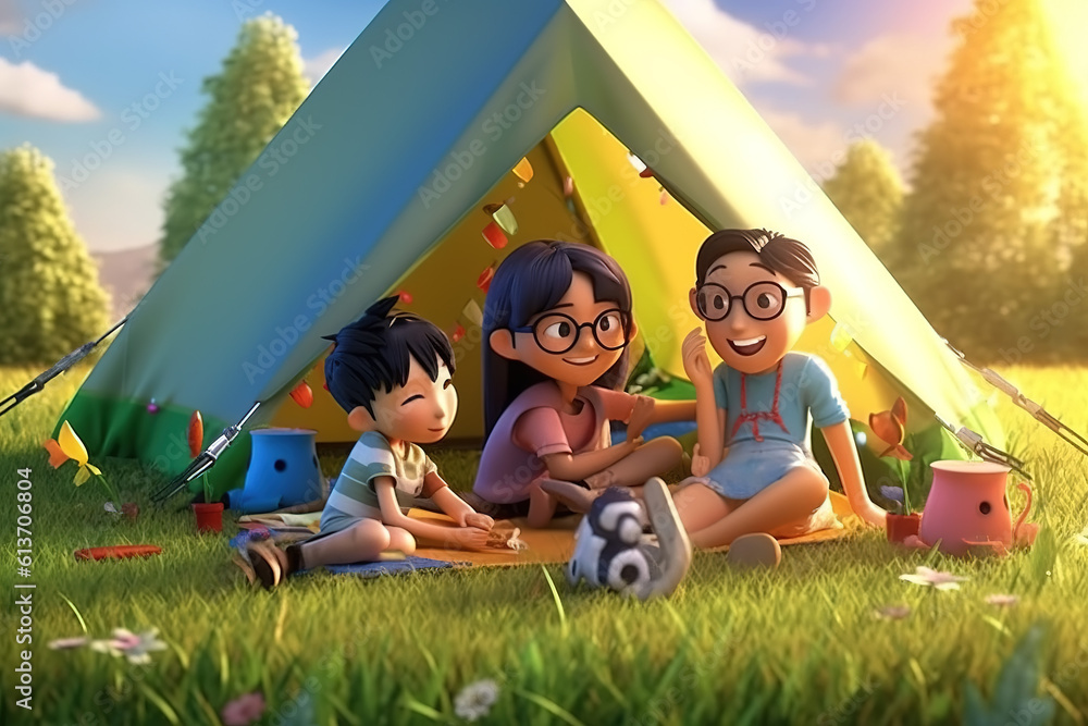 AI in the outdoor forest 3D family camping holiday scene