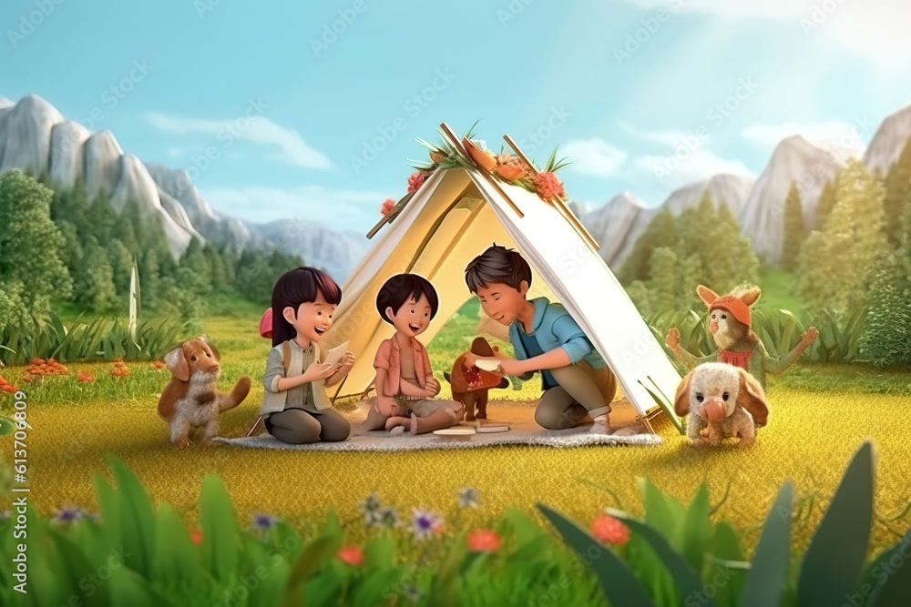 AI in the outdoor forest 3D family camping holiday scene