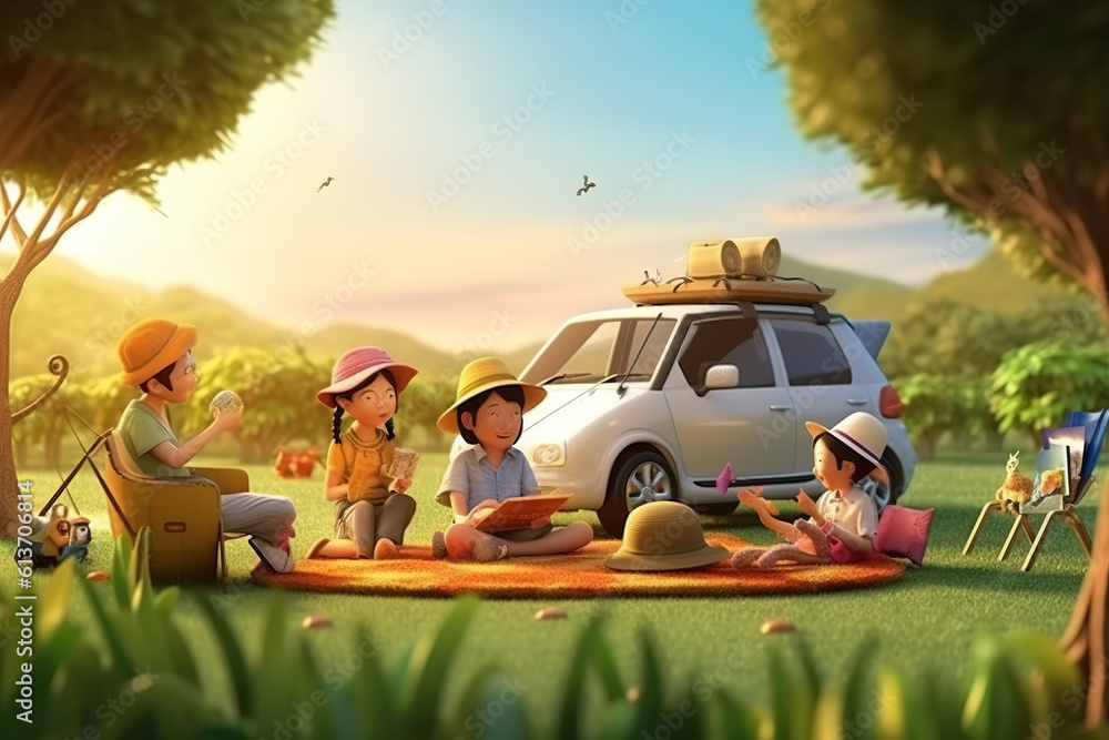 AI in the outdoor forest 3D family camping holiday scene