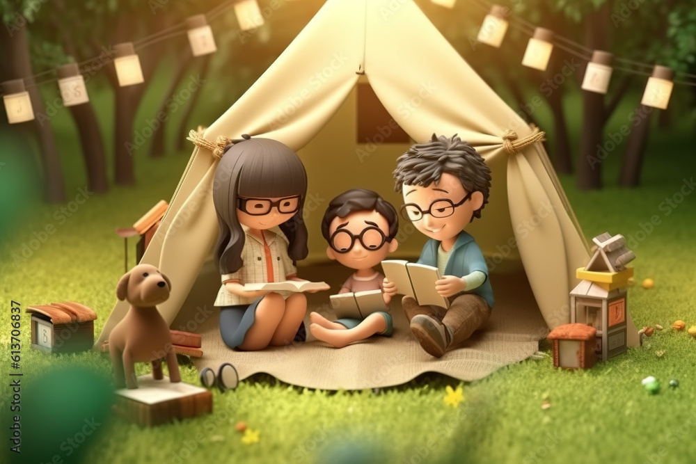 AI in the outdoor forest 3D family camping holiday scene