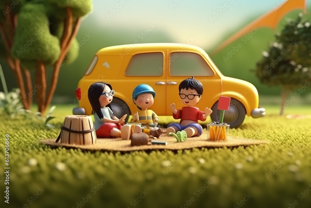 AI in the outdoor forest 3D family camping holiday scene