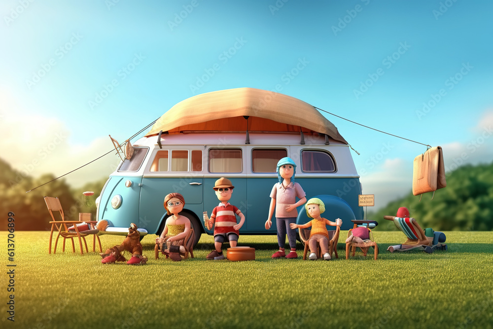 AI in the outdoor forest 3D family camping holiday scene