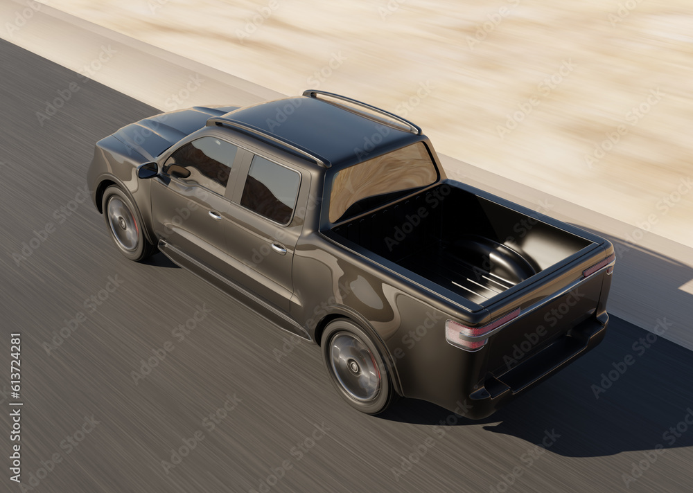 Black Electric Pickup Truck driving on desert road. Generic design. 3D rendering image.