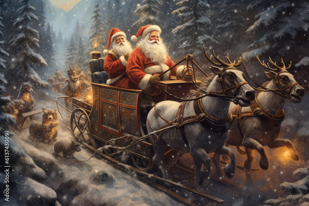 Santa Claus in a sleigh in the snow street (ai generated)