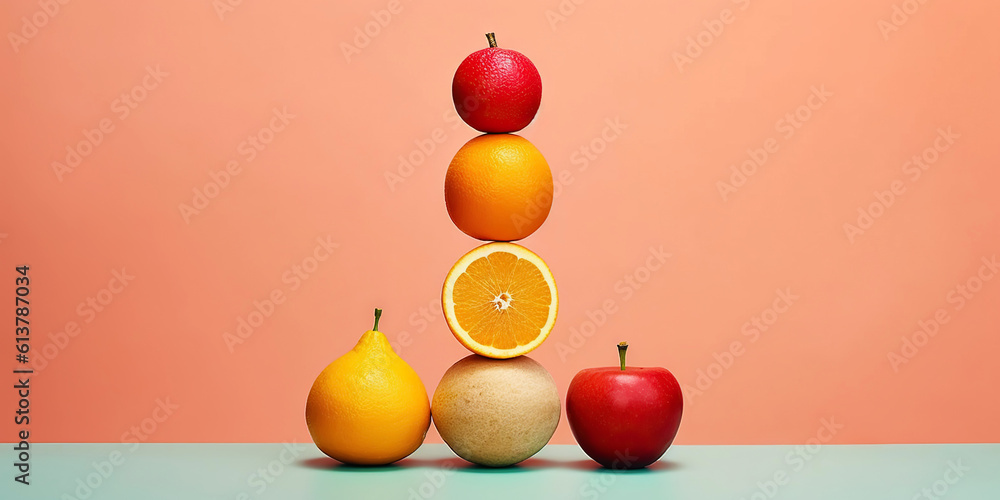 Equilibrium food balance diet concept. Balancing pyramid or tower of fruits. Generative AI