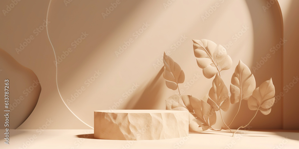 Beige podium for product display presentation. Sandstone and sandy colored plants. Generative AI