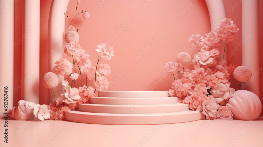 Podium with pink roses on pastel pink background to display products, gift or cosmetics. Generative 