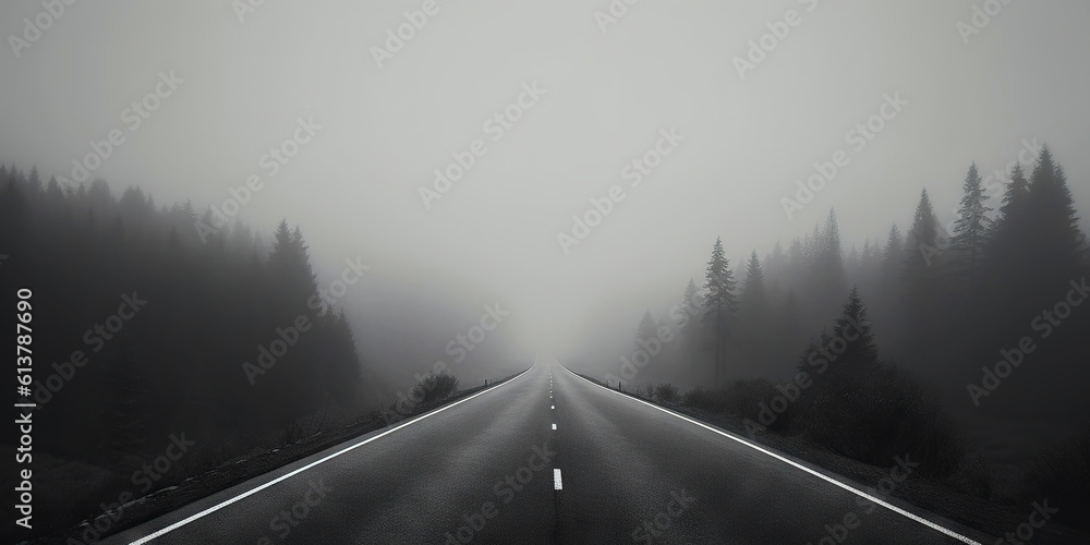 Misty empty road with trees on the side. Foggy highway. Mystery travel concept. Generative AI