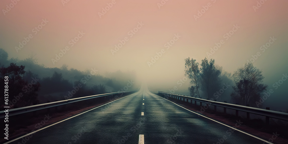 Misty empty road with trees on the side. Foggy highway. Mystery travel concept. Generative AI