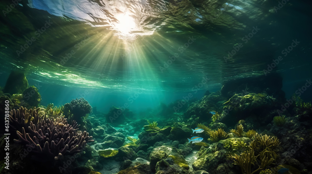 Underwater sunlight through the water surface seen from a rocky seabed with algae. Generative AI