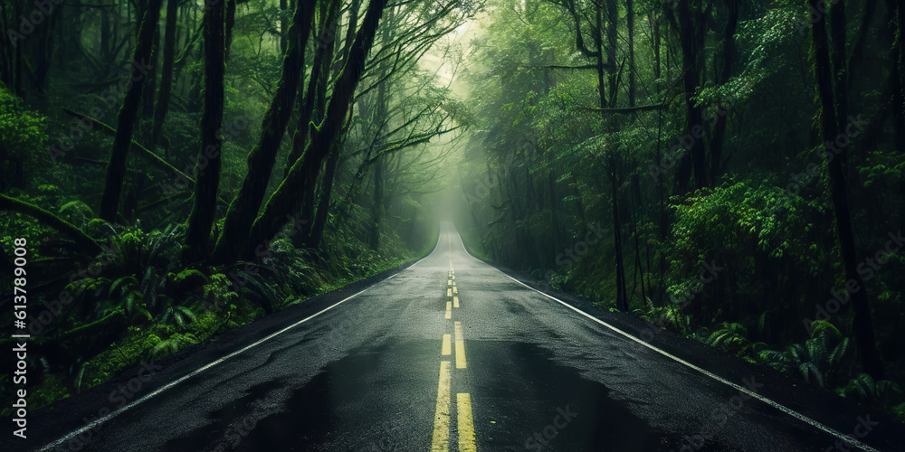 Minimalistic empty highway in the forest. Road surrounded with trees. Travel concept. Generative AI