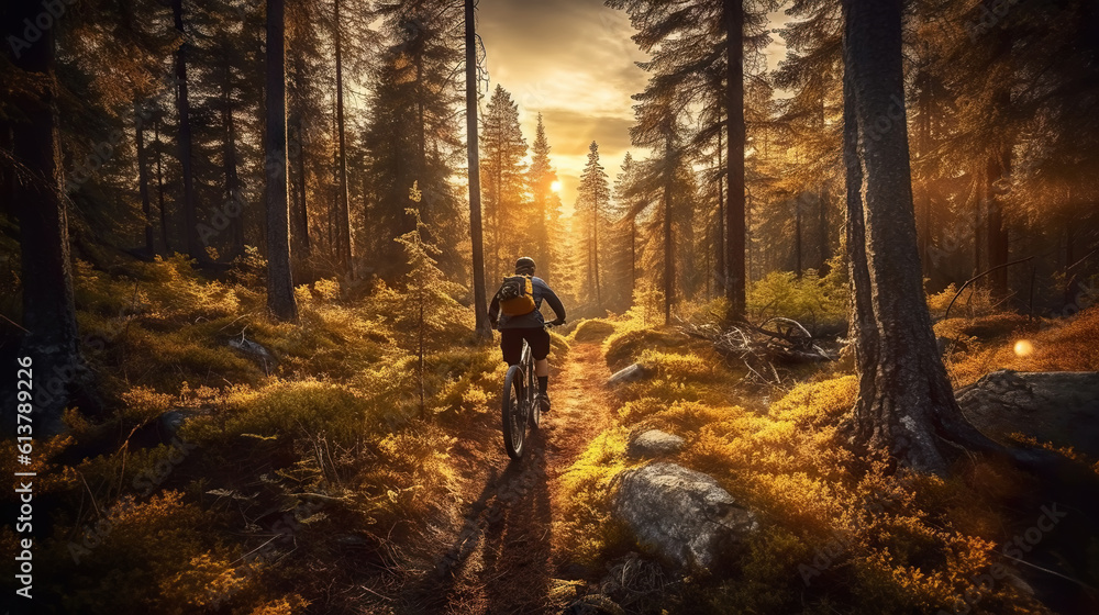 Mountain biker riding on bike in spring inspirational forest landscape. Man cycling on enduro trail 