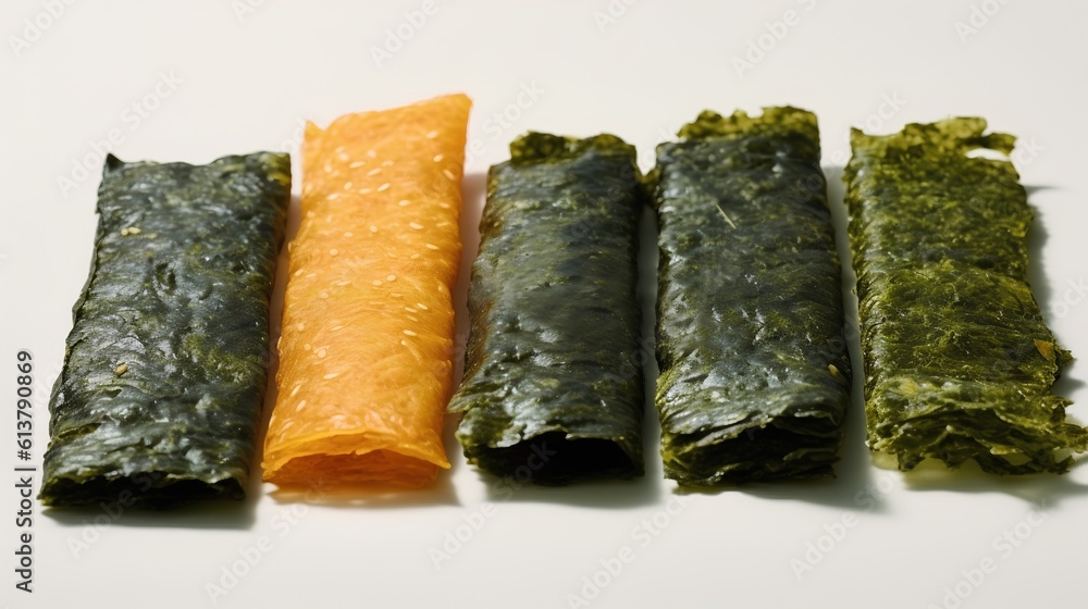 Seaweed snacks, a popular healthy treat rich in nutrients. The unique texture and deep green color o