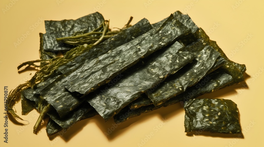 Seaweed snacks, a popular healthy treat rich in nutrients. The unique texture and deep green color o