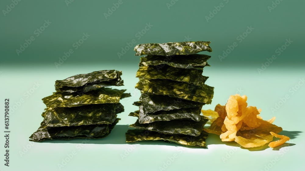 Seaweed snacks, a popular healthy treat rich in nutrients. The unique texture and deep green color o